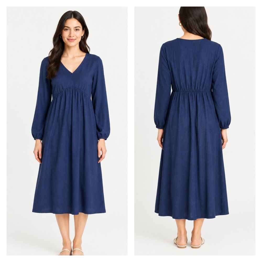 Ouges Fit & Flare Dress Womens M Navy Blue Elasticized Waist V-Neck Classic NWT